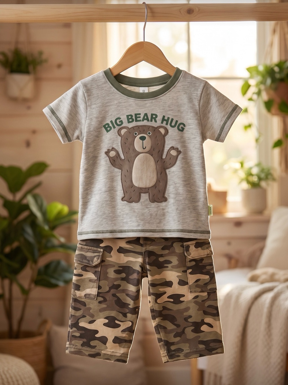 Kids 'Big Bear Hug' Gray Tee & Camo pants  Pajama Set